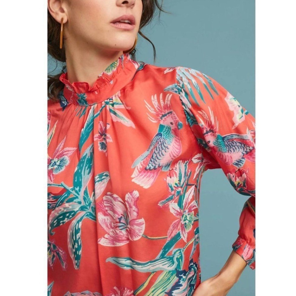 Banjanan Orange Silk Tropical Floral Bird Print Ruffle Neck Blouse Womens XS - Picture 2 of 9